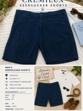 Cremieux Men’s Navy Seersucker Shorts Size 38 100% Cotton 9” Inseam